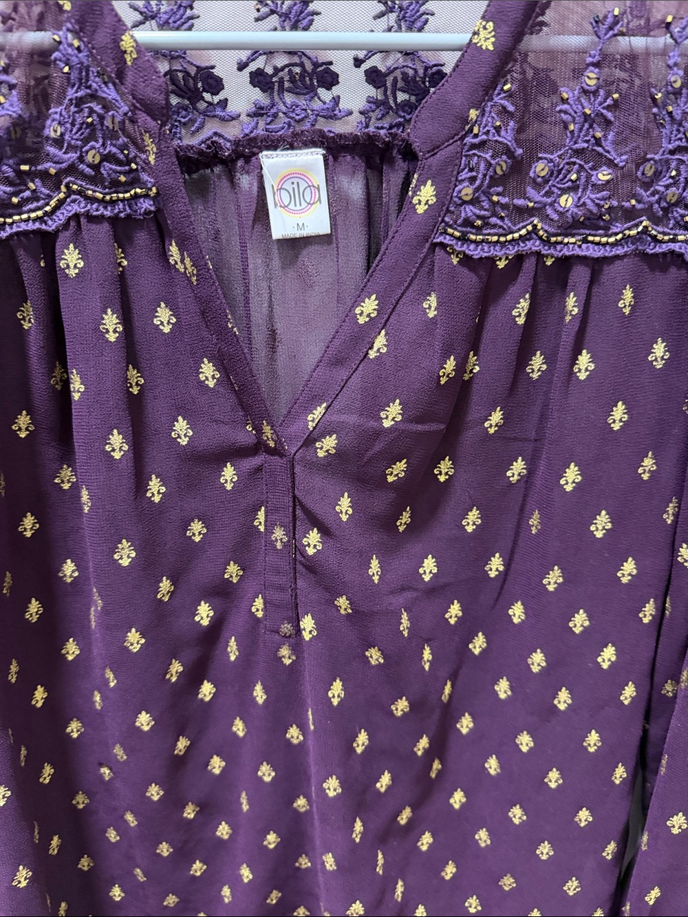 Bila Purple Blouse with Gold Fleur-de-Lis Embroidery